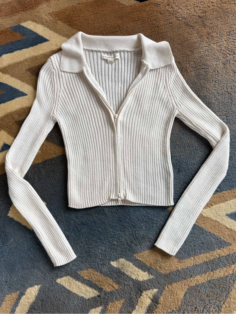 Aeropostale Cream Ribbed Zip-Up Collared Cardigan